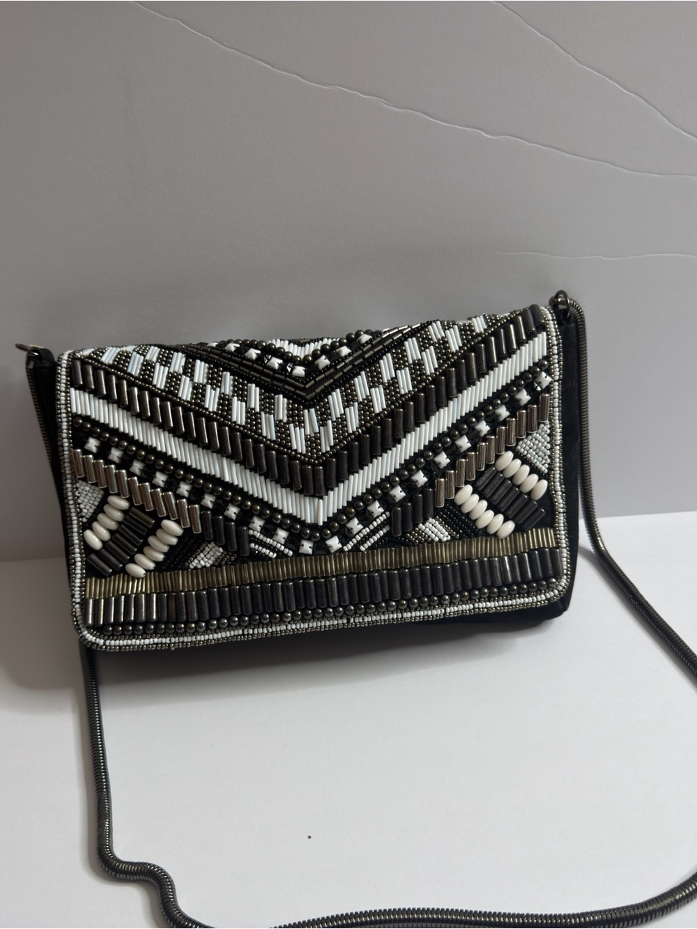 H&M Black and White Beaded Chevron Mini Crossbody